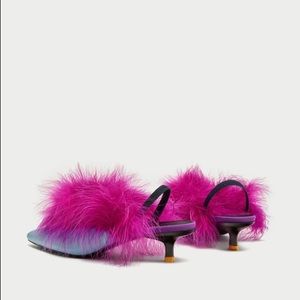Pink and blue feathered kitten heels